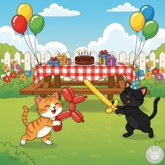 An orange and black cat are playing with balloon animals in the back yard