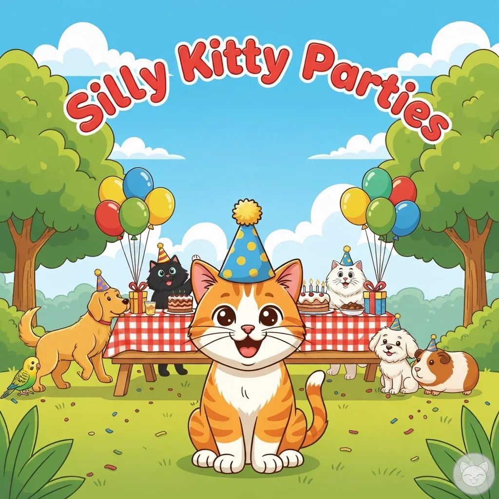 An orange cat and several household pets stand around a picnic table with cake, birthday presents, and balloons on top. The words "Silly Kitty Parties" is in the sky.