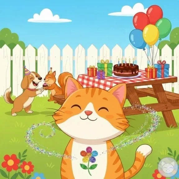 An orange cat has a glitter tattoo at a birthday party