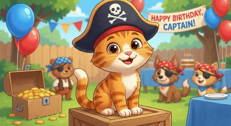 An orange kitty wearing a pirate hat is standing in front of a pirate themed party with animal guest.